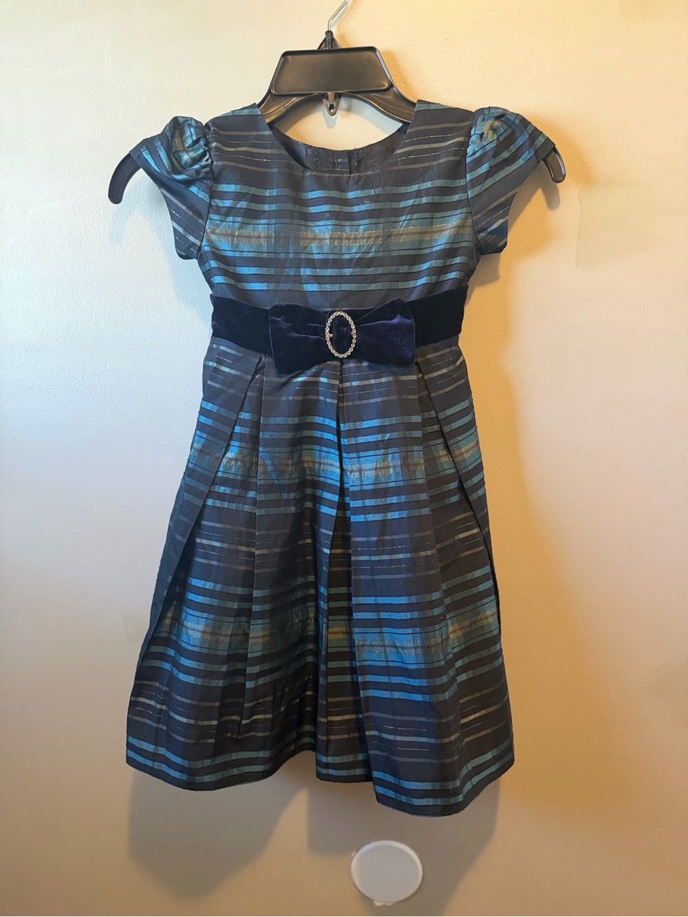 Perfectly Dressed Girls 4 Blue/Black Striped Fit & Flare Cap Sleeve Bow Dress